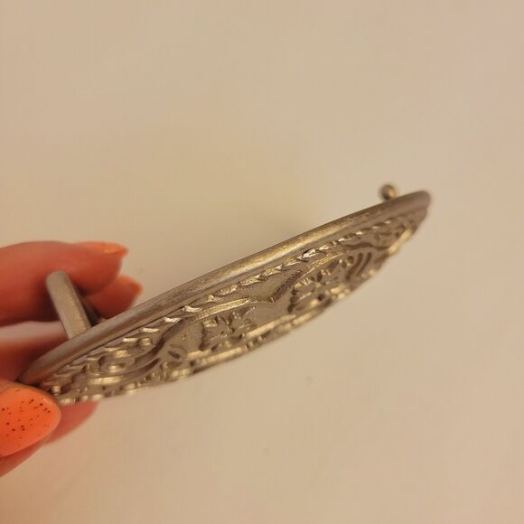 Vintage Western Buckle Oval Embossed Floral Patern Silver Tone - Picture 4 of 7